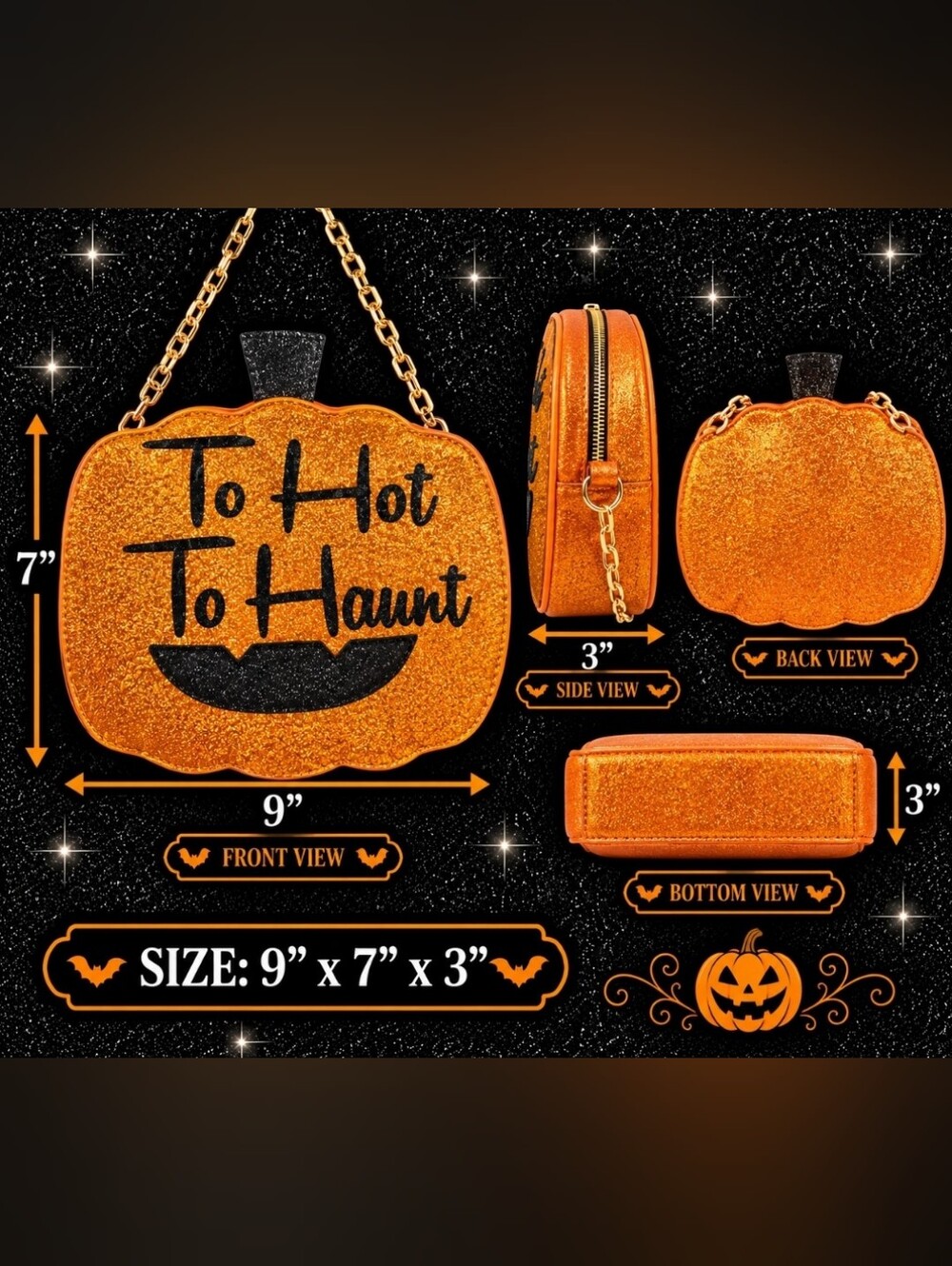 Orange Glitter Pumpkin Crossbody Bag with Gold Chain